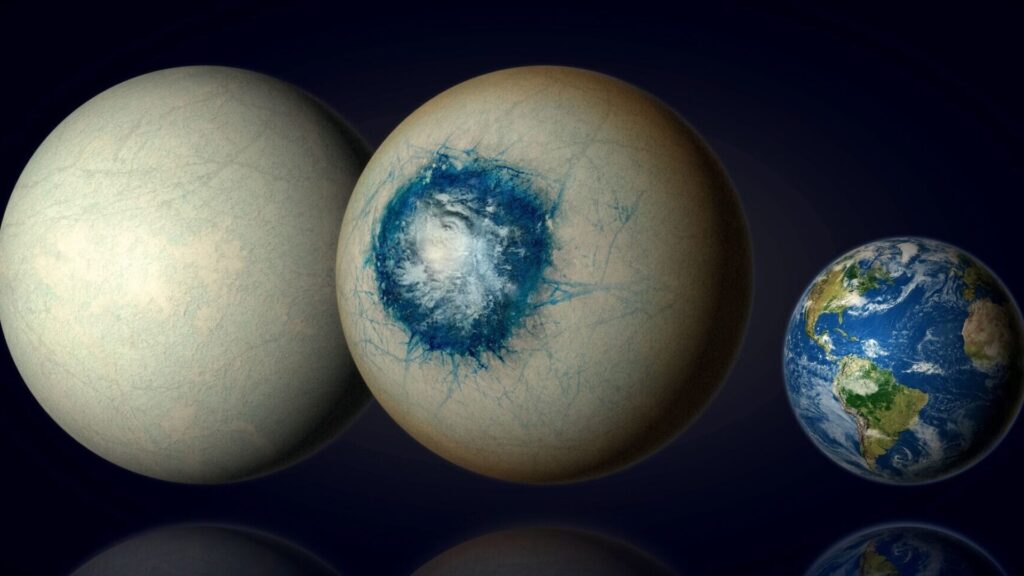 On the left, the ice ball hypothesis. On the right, the one-part hypothesis "ocean". We can also see the difference in size with the Earth. // Source: Computer-generated image (B. Gougeon/Université de Montréal)